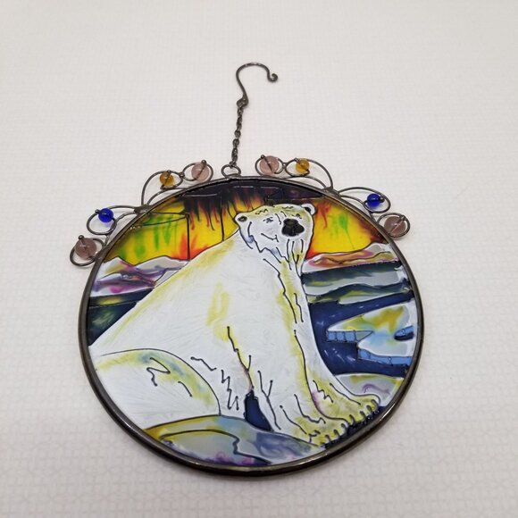 Polar Bear Stained Glass Window Catcher Home Decor Beaded Winter Scene - Picture 1 of 4